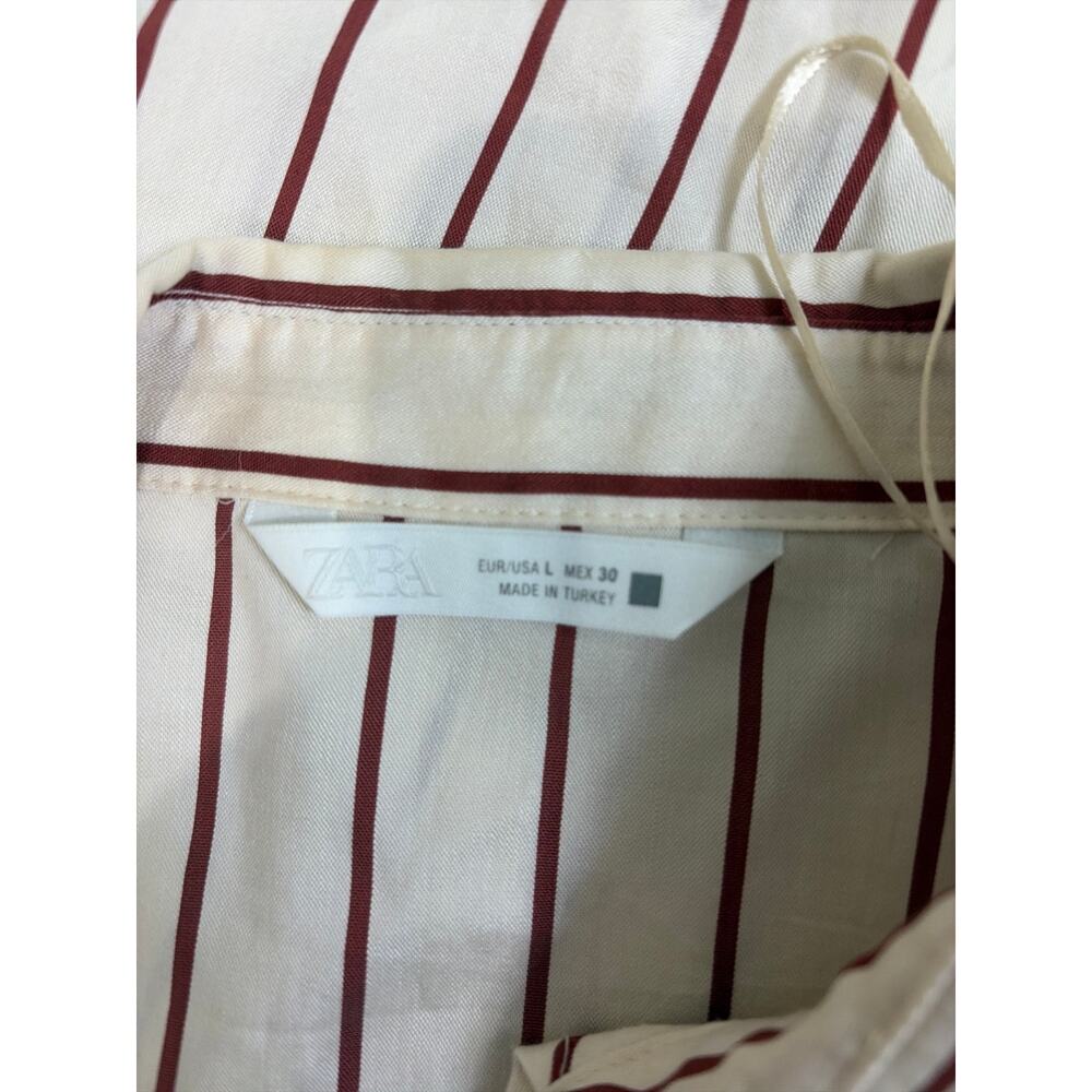 Zara Womens Shirt Dress Large Cream Maroon Striped Midi Button Front Collared - Picture 8 of 9